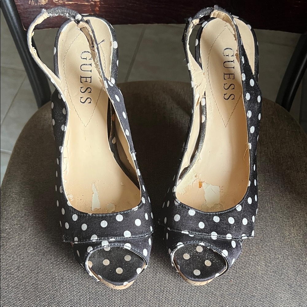 Guess Black and White Polka Dot Peep-Toe Slingback Wood Heels